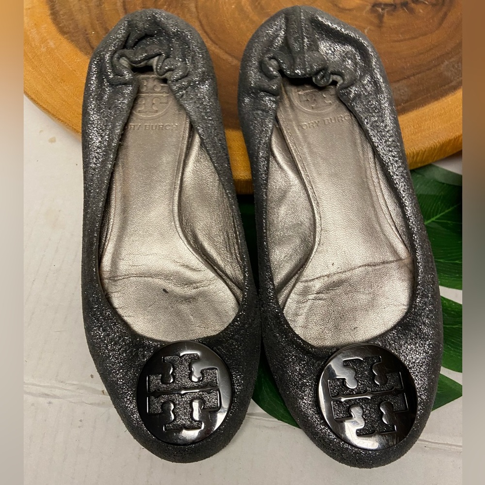 Tory Burch REVA Grey Metallic Leather Flats